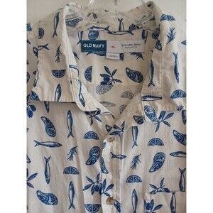 Old Navy Mediterranean food print shirt mens XL olives rosemary sardines vacati